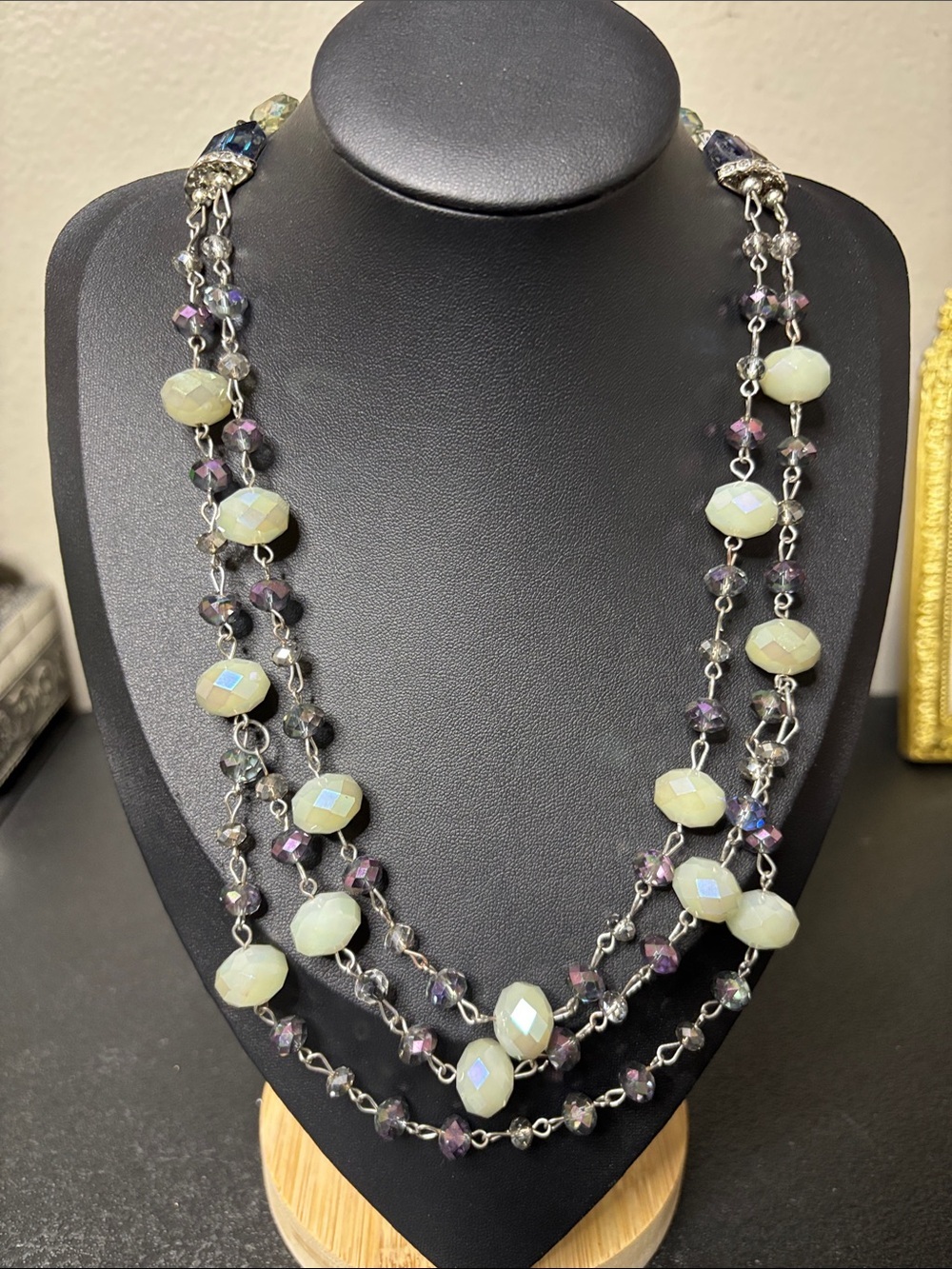 Vintage Glass Iridescent Aurora Borealis Multi-Strand Bead Necklace Silver Tone